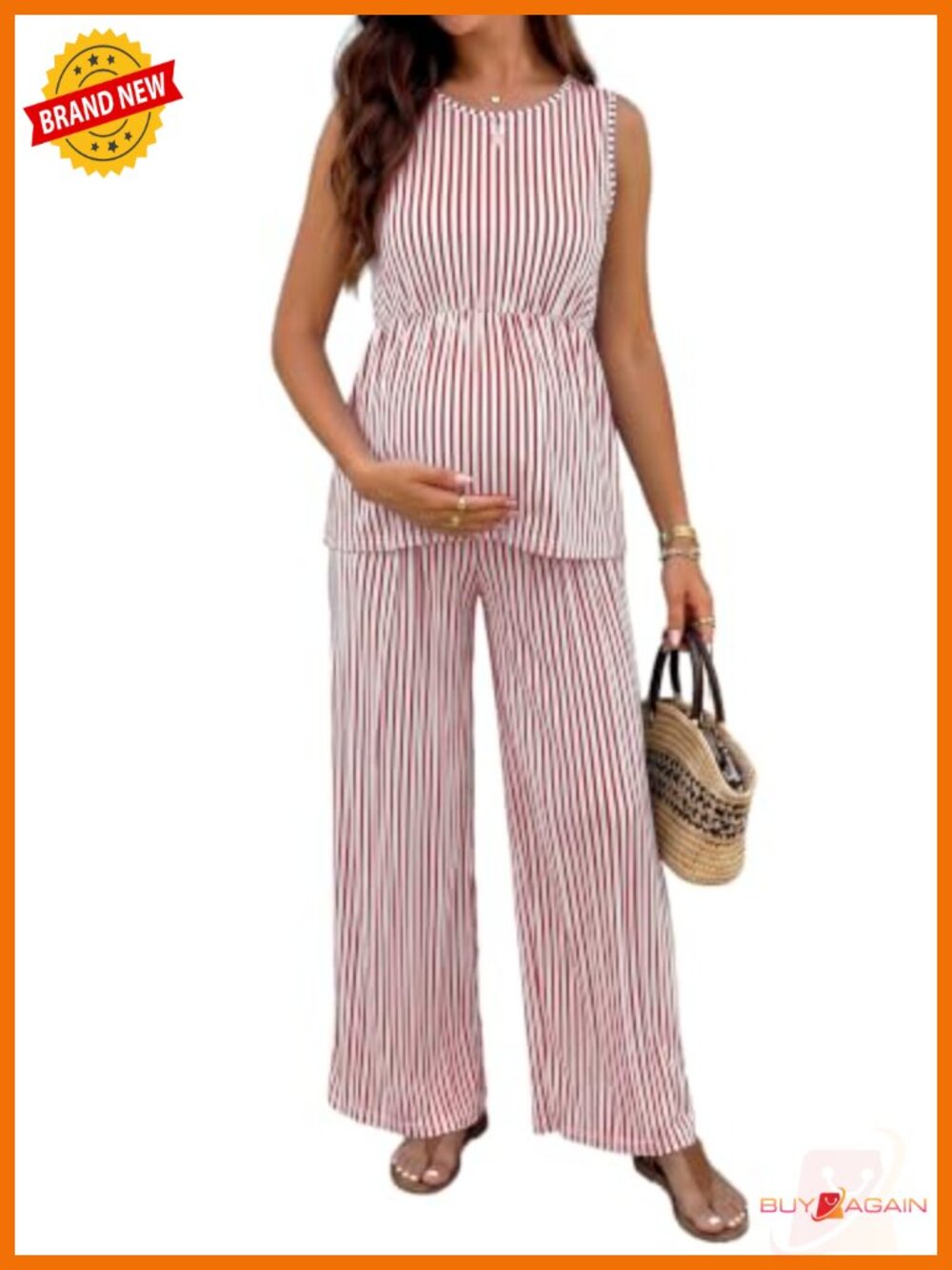 Maternity Striped Sleeveless 2 Piece Set, 90%Polyester+10%Elastane